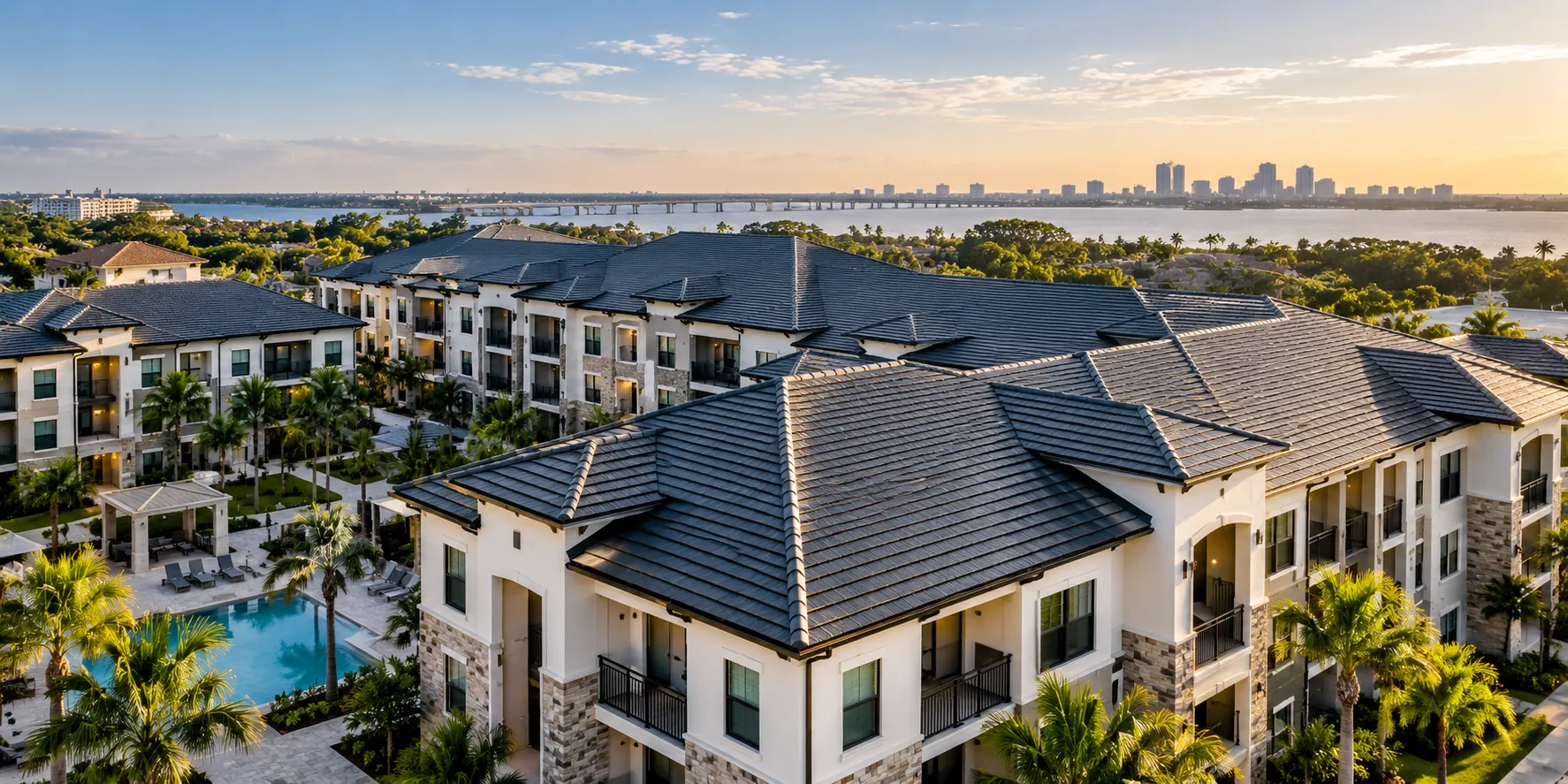 Apartment community with tile roofs near the water.