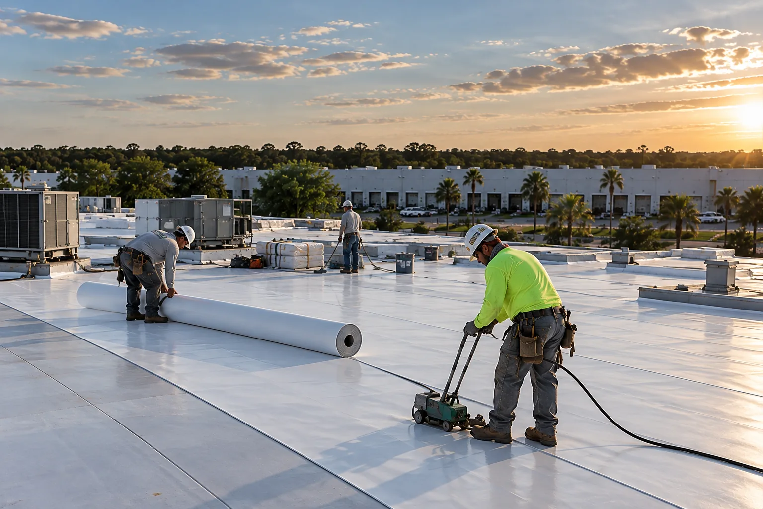 Roofing crew heat-welding seams on a white single-ply commercial roof at sunset.